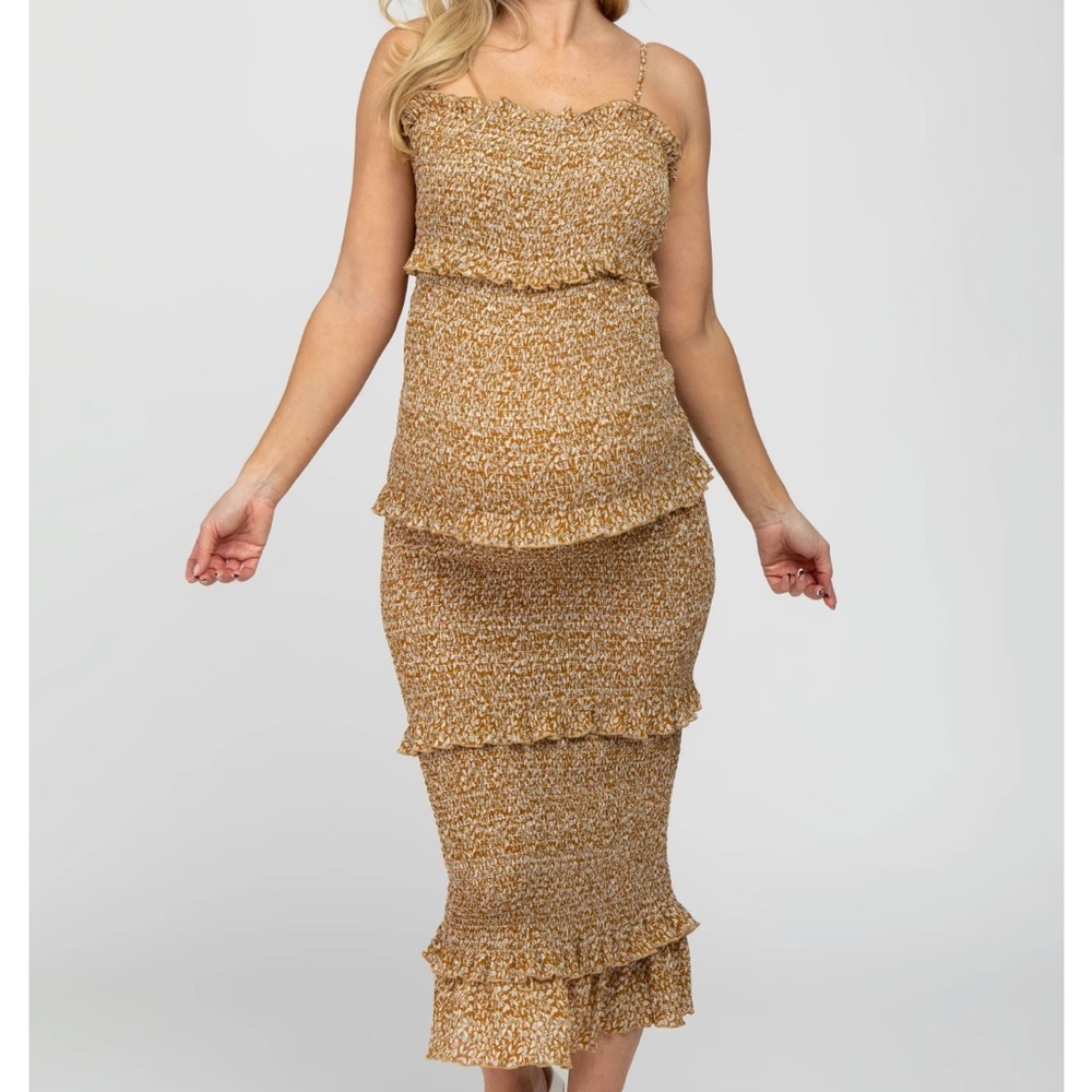 Pink Blush Mustard Leaf Print Smocked Fitted Maternity Midi Dress